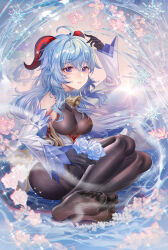 Rule 34 | 1girl, absurdres, ahoge, arm up, bare shoulders, bell, black pantyhose, blue flower, blue hair, blush, breasts, detached sleeves, feet, fine fabric emphasis, flower, ganyu (genshin impact), genshin impact, gold trim, highres, horns, light smile, long hair, looking at viewer, medium breasts, neck bell, no shoes, pantyhose, parted lips, pink flower, purple eyes, shiny clothes, sidelocks, sitting, snowflakes, soles, solo, thighlet, thighs, toes, white sleeves, yue (pkdn5828)