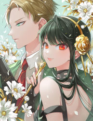 Rule 34 | 1boy, 1girl, bare shoulders, black dress, black hair, brown hair, closed mouth, collared shirt, commentary request, dress, flower, glint, green eyes, green jacket, gun, handgun, highres, holding, holding gun, holding weapon, jacket, long hair, looking at viewer, looking away, looking back, matsurika youko, necktie, pistol, red eyes, red necktie, shirt, smile, spy x family, twilight (spy x family), upper body, weapon, white flower, white shirt, yor briar