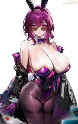 Rule 34 | 1girl, areola slip, bare shoulders, bow, bowtie, breasts, cleft of venus, closed mouth, coat, coat partially removed, collar, curvy, earrings, gloves, hanging breasts, highres, honkai: star rail, honkai (series), jewelry, kafka (honkai: star rail), large breasts, leotard, looking at viewer, matching hair/eyes, misaka 12003-gou, multicolored coat, pantyhose, playboy bunny, purple bow, purple bowtie, purple eyes, purple gloves, purple hair, purple leotard, sidelocks, simple background, solo, sunglasses, sweat, twitter username, wide hips