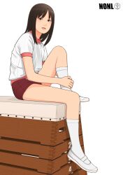 Rule 34 | 1girl, azumanga daiou, brown eyes, brown hair, buruma, character name, commentary request, expressionless, from side, full body, guest art, gym shirt, gym uniform, hand on own ankle, hugging own legs, kasuga ayumu, knee up, kneehighs, lips, looking at viewer, looking to the side, medium hair, nose, parted lips, pink shirt, realistic, red buruma, second-party source, shinchou ni kansuru kousatsu, shirt, shoes, short sleeves, simple background, sitting, socks, solo, t-shirt, textless version, title, two-tone shirt, uwabaki, vaulting horse, white background, white footwear, white shirt, white socks