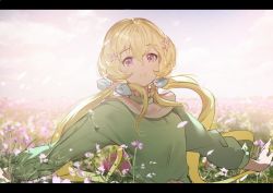Rule 34 | 10s, 1girl, :d, aikatsu! (series), aikatsu stars!, blonde hair, bow, cloud, cloudy sky, field, flower, flower field, flower request, futaba aria, hair between eyes, hair bow, hair flower, hair ornament, koruse, letterboxed, long hair, long sleeves, looking at viewer, low twintails, open mouth, outdoors, outstretched arms, petals, purple eyes, sky, smile, solo, twintails, upper body, very long hair