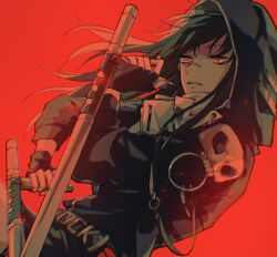 Rule 34 | 1girl, bandaid, bandaid on face, bandaid on nose, black gloves, black hair, black hoodie, chinese commentary, chromatic aberration, commentary, fingerless gloves, gloves, highres, holding, holding weapon, hood, hood up, hoodie, k.k. (path to nowhere), long hair, mitsukyou, parted lips, path to nowhere, red background, red eyes, shirt, simple background, skull ornament, solo, tonfa, upper body, weapon, white shirt