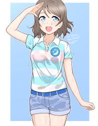 Rule 34 | 1girl, absurdres, artist request, blue eyes, collarbone, dolphin print, female focus, grey hair, highres, love live!, love live! sunshine!!, open mouth, salute, shirt, short hair, short pants, smile, solo, sweat, sweatdrop, watanabe you, wet