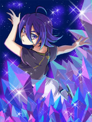 Rule 34 | 1121japa, 1boy, ahoge, crystal, from behind, ice skates, king of prism, king of prism by prettyrhythm, looking at viewer, male focus, night, night sky, pretty rhythm, pretty series, purple eyes, purple hair, skates, skating, sky, solo, sparkle, star (sky), starry sky, suzuno yuu