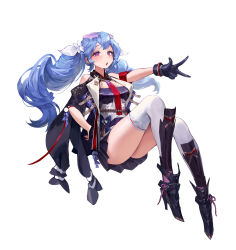 Rule 34 | 1girl, @ @, absurdres, bad id, bad twitter id, bare shoulders, black footwear, black skirt, blue hair, boots, charles (106858), commentary, eyewear on head, full body, gloves, hair ribbon, heart, heart-shaped eyewear, high heel boots, high heels, highres, jacket, long hair, looking at viewer, open clothes, open jacket, open mouth, original, pleated skirt, purple shirt, red eyes, ribbon, shirt, single glove, skirt, solo, sunglasses, sweat, thighhighs, twintails, white thighhighs