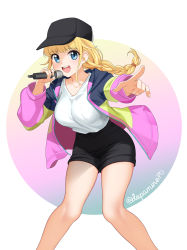 Rule 34 | 1girl, :d, black hat, black shorts, blonde hair, blue eyes, breasts, collarbone, dopamine70, hat, highres, holding, holding microphone, jacket, large breasts, legs, long sleeves, looking at viewer, microphone, multicolored background, multicolored clothes, multicolored jacket, open mouth, paripi koumei, round teeth, shirt, shorts, simple background, smile, solo, standing, teeth, thighs, tsukimi eiko, twitter username, two-tone background, upper teeth only, white background, white shirt