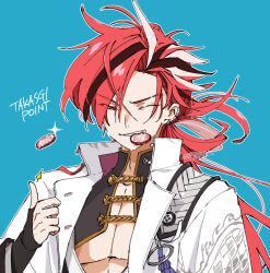 1boy blue_background chinese_commentary citron80citron clenched_teeth fate/grand_order fate_(series) long_hair male_focus messy_hair mouth_hold multicolored_hair outline pectoral_cleavage pectorals red_eyes red_hair solo streaked_hair takasugi_shinsaku_(fate) teeth upper_body white_outline wings