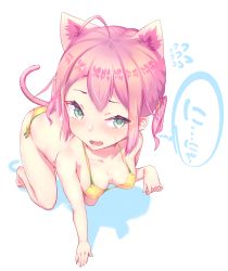 Rule 34 | 1girl, ahoge, all fours, animal ears, bare legs, barefoot, bikini, blush, breasts, cat ears, cat tail, dev (dev0614), embarrassed, fang, flying sweatdrops, foreshortening, green eyes, hanging breasts, highres, open clothes, original, paw pose, pink hair, short twintails, slit pupils, small breasts, solo, speech bubble, string bikini, sweatdrop, swimsuit, tail, twintails