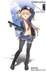Rule 34 | 1girl, absurdres, artist name, bad id, bad pixiv id, black footwear, black pantyhose, blonde hair, blue eyes, blue jacket, character name, collared shirt, commentary, english commentary, full body, girls&#039; frontline, gun, hair between eyes, hat, highres, holding, holding gun, holding weapon, jacket, junexp, long hair, looking at viewer, military hat, necktie, open mouth, pantyhose, red necktie, serbu super-shorty, shadow, shirt, shotgun, smile, solo, standing, super-shorty (girls&#039; frontline), sweater, thigh strap, two side up, very long hair, weapon, yellow sweater