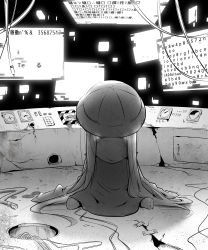 Rule 34 | 1girl, bag, black background, collared dress, damaged, dress, facing away, from behind, greyscale, highres, holographic monitor, kindergarten uniform, long hair, long sleeves, monochrome, neon-tetora, no shoes, school bag, sitting, sleeves past fingers, sleeves past wrists, socks, solo, tsukuyomi ai, twintails, very long hair, voiceroid, wariza