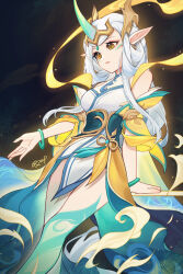 Rule 34 | 1girl, absurdres, arm support, bare shoulders, black background, bracelet, breasts, brown background, closed mouth, detached sleeves, feet out of frame, green horns, hair ornament, highres, horns, immortal journey soraka, japanese clothes, jewelry, kimono, league of legends, long hair, looking down, medium breasts, obi, orange eyes, pointy ears, sash, single horn, solo, soraka (league of legends), white hair, white kimono, xi ye (xiyexiexie)