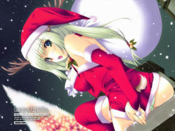 Rule 34 | 1girl, antlers, bell, blonde hair, blush, breasts, christmas, covering ass, covering privates, dutch angle, elbow gloves, gloves, hat, holly, horns, iizuki tasuku, jpeg artifacts, large breasts, looking at viewer, looking back, mistletoe, night, night sky, open mouth, panties, red gloves, santa costume, santa hat, sky, snow, solo, striped clothes, striped panties, sweat, tail, thighhighs, underwear