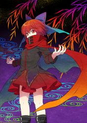 Rule 34 | 1girl, boots, cape, covering own mouth, gradient background, hair ornament, hair ribbon, highres, long sleeves, looking at viewer, mise yuzuki, red eyes, red hair, ribbon, sekibanki, shirt, short hair, skirt, solo, touhou