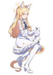 Rule 34 | 1girl, animal ear fluff, animal ears, bird, blonde hair, blue archive, bow, bright pupils, buttons, cruciform halo, detached sleeves, dress, flower, footwear bow, frilled dress, frills, full body, hair flower, hair ornament, halo, high heels, highres, ken rqll, long hair, looking at viewer, necktie, orange bow, parted bangs, parted lips, sailor collar, seia (blue archive), simple background, sleeve bow, sleeves past wrists, solo, very long hair, white background, white bow, white dress, white footwear, white sailor collar, yellow eyes