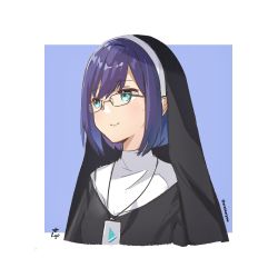 Rule 34 | 1girl, a-chan (hololive), arata ryou, black-framed eyewear, blue eyes, blue hair, bow, commentary, glasses, habit, hololive, lanyard, nun, short hair, smile, solo, traditional nun, virtual youtuber