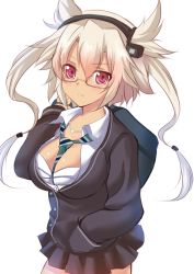 Rule 34 | 1girl, blonde hair, breasts, cardigan, contemporary, cosplay, dark-skinned female, dark skin, female focus, glasses, hairband, hand in pocket, idolmaster, idolmaster cinderella girls, izumi akane, jewelry, kantai collection, large breasts, looking at viewer, miniskirt, musashi (kancolle), necklace, necktie, open clothes, open shirt, pointy hair, red eyes, school uniform, shibuya rin, shibuya rin (cosplay), shirt, skirt, solo, twintails, two side up