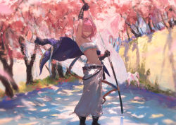 Rule 34 | 1girl, 7ife, absurdres, alchemy stars, arm up, bad id, bad pixiv id, bare shoulders, belt, black footwear, black gloves, breasts, cherry blossoms, choker, closed eyes, closed mouth, commentary, dragon, eastern dragon, fence, gloves, grass, highres, hiiro (alchemy stars), holding, holding sheath, holding sword, holding weapon, huge filesize, jacket, unworn jacket, katana, medium breasts, navel, outdoors, pants, petals, pink hair, purple jacket, sarashi, sheath, sheathing, short hair, solo, standing, sword, symbol-only commentary, tree, weapon, white pants