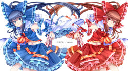 Rule 34 | 1girl, alternate color, arm up, armpits, aru16, ascot, blue eyes, blue hair, bow, brown hair, detached sleeves, frilled bow, frilled skirt, frills, hair bow, hair tubes, hakurei reimu, highres, leaning forward, light smile, looking at viewer, midriff, navel, ofuda, player 2, ponytail, red eyes, simple background, skirt, skirt set, symmetry, touhou, white background