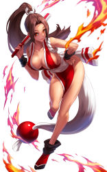 Rule 34 | 1girl, absurdres, bare shoulders, breasts, brown hair, cleavage, closed mouth, collarbone, commentary request, fatal fury, fire, folded fan, folding fan, full body, hand fan, hand on own hip, high ponytail, highres, holding, japanese clothes, leg up, lips, long hair, looking at viewer, medium breasts, ninja, parted bangs, pelvic curtain, red eyes, revealing clothes, rope, shiny skin, shiranui mai, simple background, solo, the king of fighters, thighs, ura dora