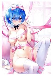 Rule 34 | 1girl, absurdres, arm support, ayamy, bare arms, bare shoulders, blue eyes, blue hair, blush, bow, breasts, closed mouth, collarbone, detached collar, frills, hair between eyes, hair bow, hair ornament, hand up, highres, large breasts, lips, looking at viewer, naked ribbon, navel, nipples, nude, pillow, re:zero kara hajimeru isekai seikatsu, rem (re:zero), ribbon, scan, shiny clothes, short hair, simple background, sitting, smile, solo, stomach, thighhighs, thighs, white thighhighs, x hair ornament