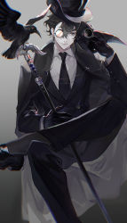 Rule 34 | 1boy, absurdres, amon (lord of the mysteries), bird, black cape, black coat, black eyes, black footwear, black gloves, black hair, black hat, black necktie, buttons, cane, cape, coat, crossed legs, crow, gloves, grey background, hat, highres, looking at viewer, lord of the mysteries, monocle, mrthersh, necktie, piercing, plague doctor mask, shirt, simple background, smile, solo, top hat, white shirt