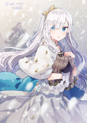 Rule 34 | 1girl, anastasia (fate), bad id, bad tumblr id, blue eyes, cape, capelet, coat, doll, dress, fate/grand order, fate (series), hairband, holding, ikeuchi tanuma, long dress, long hair, looking at viewer, parted lips, signature, silver hair, snow, snowing, standing, twitter username, white capelet, white dress, wristband