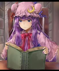 Rule 34 | 1girl, blue eyes, blue ribbon, blunt bangs, book, bookshelf, bow, bowtie, capelet, closed mouth, crescent, frown, hat, hat ribbon, highres, letterboxed, library, long hair, mob cap, nail polish, netamaru, open book, patchouli knowledge, purple hair, purple nails, reading, red bow, red bowtie, red ribbon, ribbon, sidelocks, sitting, solo, table, touhou, upper body, voile
