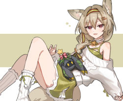 Rule 34 | 1girl, :d, animal ear fluff, animal ears, arknights, bare shoulders, beanstalk (arknights), beanstalk (gift uncompleted) (arknights), bell, braid, brown hair, dress, feet out of frame, green background, green dress, green hairband, hair between eyes, hair over shoulder, hairband, long hair, long sleeves, looking at viewer, mabing, metal crab (arknights), neck bell, off-shoulder sweater, off shoulder, official alternate costume, open mouth, pinching sleeves, red eyes, single braid, sleeveless, sleeveless dress, sleeves past wrists, smile, socks, star (symbol), sweater, tail, two-tone background, white background, white legwear, white sweater