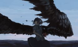 Rule 34 | 1girl, absurdres, arm behind back, black hair, black ribbon, black skirt, black wings, brown eyes, collared shirt, cowboy shot, hand fan, feathered wings, feathers, frilled skirt, frills, hat, highres, large wings, mifuru, pom pom (clothes), profile, puffy short sleeves, puffy sleeves, ribbon, shameimaru aya, shirt, short hair, short sleeves, skirt, solo, tokin hat, touhou, white shirt, wings