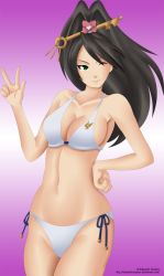 Rule 34 | armpits, bikini, black hair, breasts, cleavage, green eyes, ace attorney investigations, ace attorney, hand on own hip, high ponytail, kay faraday, key, large breasts, navel, smile, sugestive smile, swimsuit, v, white bikini, wink