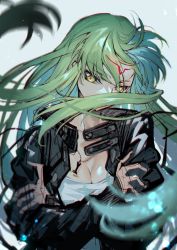 Rule 34 | 1girl, black jacket, blurry, blurry foreground, breasts, c.c., cleavage, code geass, commentary request, creayus, crossed arms, floating hair, green hair, hair between eyes, hair over mouth, jacket, jewelry, long hair, long sleeves, medium breasts, motion blur, necklace, open clothes, open jacket, shirt, sketch, solo, very long hair, white shirt, yellow eyes