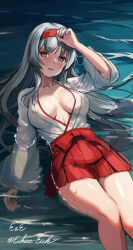 Rule 34 | 1girl, breasts, brown eyes, eckert&amp;eich, feet out of frame, grey hair, hairband, hakama, hakama skirt, highres, japanese clothes, kantai collection, large breasts, long hair, one-hour drawing challenge, open clothes, parted lips, partially submerged, red hairband, red hakama, red skirt, shoukaku (kancolle), signature, skirt, solo, twitter username, water