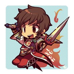 Rule 34 | 1boy, border, braid, brown eyes, brown hair, character name, chibi, chibi only, fire, full body, glint, holding, holding sword, holding weapon, kotorai, lu xun, male focus, no nose, open mouth, pants, red pants, shin sangoku musou, short hair, signature, solo, sword, twin braids, weapon, white border, wide sleeves
