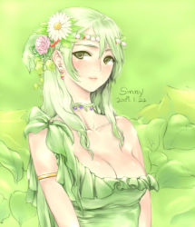 Rule 34 | 1990s (style), 1girl, breasts, cleavage, female focus, final fantasy, final fantasy iv, flower, green hair, green theme, hair flower, hair ornament, large breasts, leaf, nature, original, rydia (ff4), sinny, solo