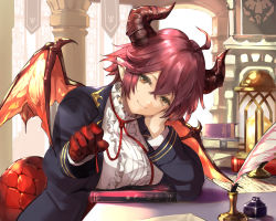 Rule 34 | 1girl, ahoge, architecture, banner, blue jacket, book, breast press, breasts, center frills, commentary request, dragon girl, dragon tail, frills, granblue fantasy, grea (shingeki no bahamut), hand on own cheek, hand on own face, head tilt, highres, holding, holding ribbon, horns, inkwell, jacket, large breasts, long sleeves, looking at viewer, neck ribbon, nos, paper, pillar, pointy ears, quill, red hair, red ribbon, ribbon, shingeki no bahamut, shirt, short hair, smile, solo, table, tail, white shirt, wings, yellow eyes