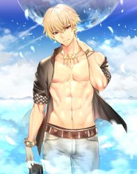 Rule 34 | 1boy, blonde hair, blue shirt, bracelet, earrings, facing viewer, fate/grand order, fate (series), gilgamesh, gilgamesh (caster) (fate), gilgamesh (establishment) (fate), gilgamesh (fate), groin, jewelry, male focus, necklace, official alternate costume, open clothes, open shirt, pants, red eyes, shirt, smile, teddy (khanshin), white pants