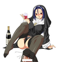Rule 34 | alcohol, black panties, blue hair, blush, bottle, censored, cross, cross necklace, cum, cup, drinking glass, drunk, feet, footjob, glass, jewelry, lingerie, long hair, necklace, nun, open mouth, panties, penis, pubic hair, red eyes, thighhighs, toes, underwear, upskirt, wine, wine glass