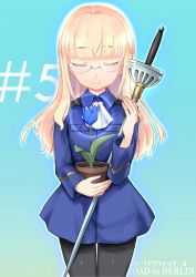 Rule 34 | 1girl, absurdres, aohashi ame, ascot, black pantyhose, blue flower, blue jacket, blue rose, closed mouth, commentary request, copyright name, cowboy shot, facing viewer, flower, flower pot, glasses, highres, holding, holding flower pot, holding pot, holding sword, holding weapon, jacket, long hair, long sleeves, no pants, pantyhose, perrine h. clostermann, plant, pot, rapier, rimless eyewear, rose, smile, solo, standing, strike witches, sword, text background, weapon, world witches series