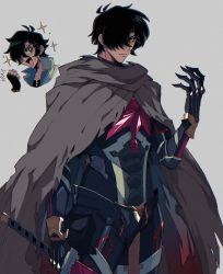 Rule 34 | + +, 1boy, armor, black hair, breastplate, brown cloak, clenched hand, cloak, closed mouth, cowboy shot, gauntlets, granblue fantasy, grey background, hand up, highres, holding, holding sword, holding weapon, kuruto., leg armor, looking at viewer, male focus, multiple views, nicholas (granblue fantasy), red eyes, short hair, sidelocks, simple background, sparkle, standing, sword, weapon