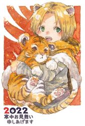 Rule 34 | 1girl, 2022, animal ears, animal hands, blonde hair, chinese zodiac, commentary request, green eyes, grey shirt, long sleeves, open mouth, original, shirt, short hair, smile, solo, tiger, tiger cub, tiger ears, tokio (okt0w0), translation request, upper body, year of the tiger
