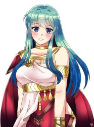Rule 34 | 1girl, alternate costume, aqua hair, armlet, arms at sides, blue eyes, blush, breasts, dancer, dancer (fire emblem: three houses), dress, earrings, eirika (fire emblem), fire emblem, fire emblem: the sacred stones, fire emblem: three houses, grin, jewelry, long hair, looking at viewer, maji (majibomber), medium breasts, neck, neck ring, nintendo, parted lips, sidelocks, simple background, smile, solo, straight hair, upper body, white background
