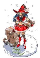 Rule 34 | 1girl, amazon (company), boots, bow, box, capelet, christmas, delivery, elbow gloves, fur boots, fur trim, gloves, grey hair, hair bow, hat, highres, low twintails, midriff, mouth hold, okada (hoooojicha), original, red footwear, santa boots, santa costume, sled, snow, snow boots, solo, thigh boots, thighhighs, twintails, witch hat