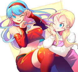 Rule 34 | 2girls, aged up, beige background, belt, black belt, blonde hair, blue eyes, blue hair, bra (dragon ball), breasts, cleavage, crop top, dot nose, dragon ball, dragon ball gt, earrings, elbow gloves, elbow rest, eyelashes, facing viewer, fingernails, floating hair, gloves, grin, hairband, hands up, head rest, hoop earrings, index finger raised, jewelry, knees together feet apart, large breasts, light smile, long hair, long sleeves, looking at another, looking to the side, low twintails, marron (dragon ball), midriff, multiple girls, ommmyoh, one eye closed, parted lips, red gloves, red hairband, red legwear, red skirt, shiny clothes, shiny legwear, simple background, skirt, smile, square, straight hair, thighhighs, twintails, twitter username, v-shaped eyebrows, white background, zettai ryouiki