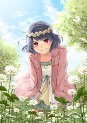 Rule 34 | 1girl, aqua ribbon, artist name, blue hair, blush, brown eyes, closed mouth, clothes writing, cloud, clover, commentary request, day, domestic na kanojo, dress, english text, flower, hands in pockets, head wreath, highres, jacket, leaning forward, looking at viewer, official art, open clothes, open jacket, outdoors, pink jacket, red eyes, ribbon, sasuga kei, short hair, sky, smile, solo, tachibana rui, tree
