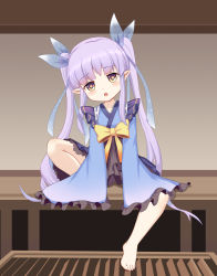 Rule 34 | 1girl, absurdres, barefoot, black skirt, blue kimono, elf, feet, highres, japanese clothes, kimono, knee up, kyoka (princess connect!), long hair, open mouth, pointy ears, princess connect!, princess connect!, purple eyes, purple hair, ribbon, sitting, skirt, solo, spread legs, the hermit, toes, twintails, very long hair