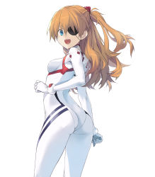 Rule 34 | 1girl, ass, blue eyes, blush, bodysuit, breasts, commentary request, cowboy shot, curvy, evangelion: 3.0+1.0 thrice upon a time, eyepatch, from behind, hair ornament, highres, huge ass, long hair, looking at viewer, looking back, medium breasts, multicolored bodysuit, multicolored clothes, narrow waist, neon genesis evangelion, open mouth, orange hair, pilot suit, plugsuit, rebuild of evangelion, sakana (flame sakana), simple background, small breasts, smile, solo, souryuu asuka langley, standing, twintails, two side up, white background, white bodysuit, wide hips