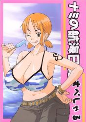Rule 34 | 1girl, bikini, bikini top only, bracelet, breasts, cleavage, female focus, food, hand on own hip, highres, huge breasts, ice cream, jewelry, licking lips, log pose, looking at viewer, murata (acid-head), nami (one piece), navel, one eye closed, one piece, orange hair, plump, popsicle, short hair, skypiea, solo, swimsuit, tattoo, tongue, tongue out, wink