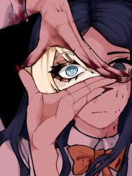 Rule 34 | 1girl, @ @, black background, blonde hair, blood, blood on face, blood on hands, blue hair, closed mouth, collared shirt, danganronpa: trigger happy havoc, danganronpa (series), danganronpa v3: killing harmony, enoshima junko, frown, glasses, long hair, nail polish, paprika (paprikach1ps), parted bangs, portrait, red nails, shirogane tsumugi, shirt, solo, spoilers, white shirt
