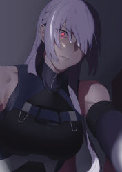 Rule 34 | 1girl, absurdres, ak-15 (girls&#039; frontline), angry, armor, braid, breasts, commentary, commentary request, french braid, girls&#039; frontline, glowing, glowing eyes, hair over one eye, highres, long hair, looking down, medium breasts, red eyes, saiun sigma, upper body
