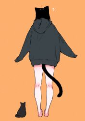 Rule 34 | 1girl, ahoge, animal ears, bare legs, barefoot, black cat, black hair, bottomless, cat, cat ears, cat girl, cat tail, emphasis lines, from behind, grey hoodie, highres, hood, hoodie, megateru, original, oversized clothes, sleeves past wrists, solo, tail